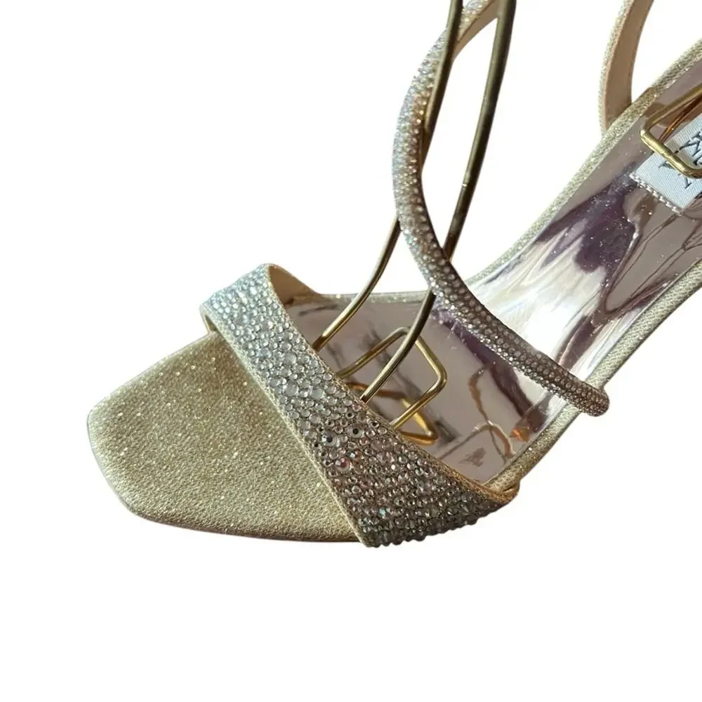 Badgley Mischka Sally Curvy Heel Stiletto Sandal Gemstone Plantino Gold NEW 10